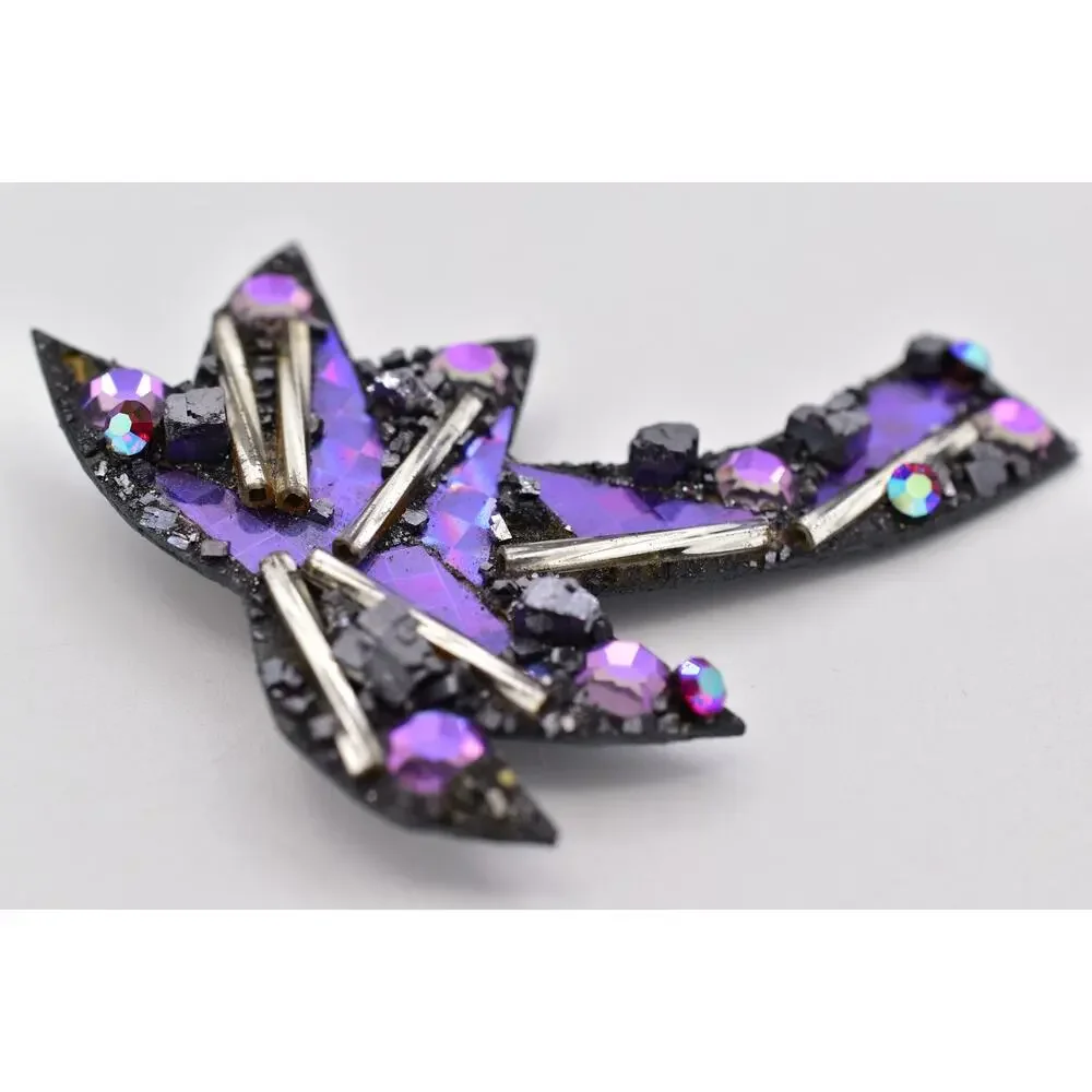 Vintage Designer Signed Palm Tree Brooch Purple Mosaic Galena Crystal Pin BinBI